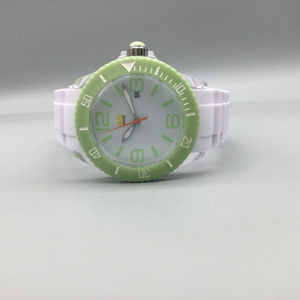40nine Mens Watch 43mm White Dial Green Bezel White Silicone Date New Battery